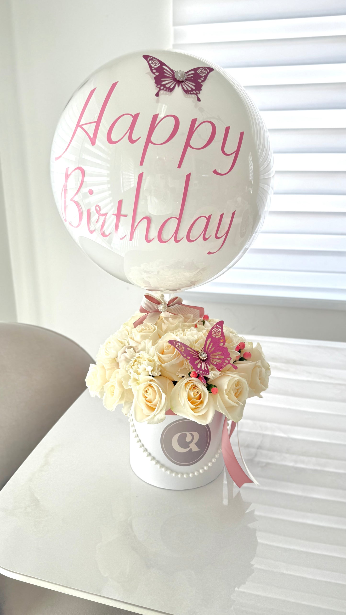 Pastel Bloom Birthday Surprise Luxury Rose Arrangement with Balloon