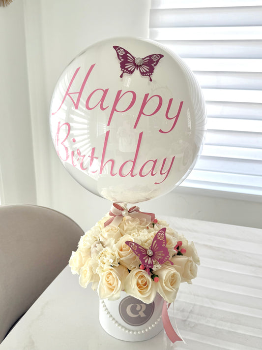 Pastel Bloom Birthday Surprise Luxury Rose Arrangement with Balloon