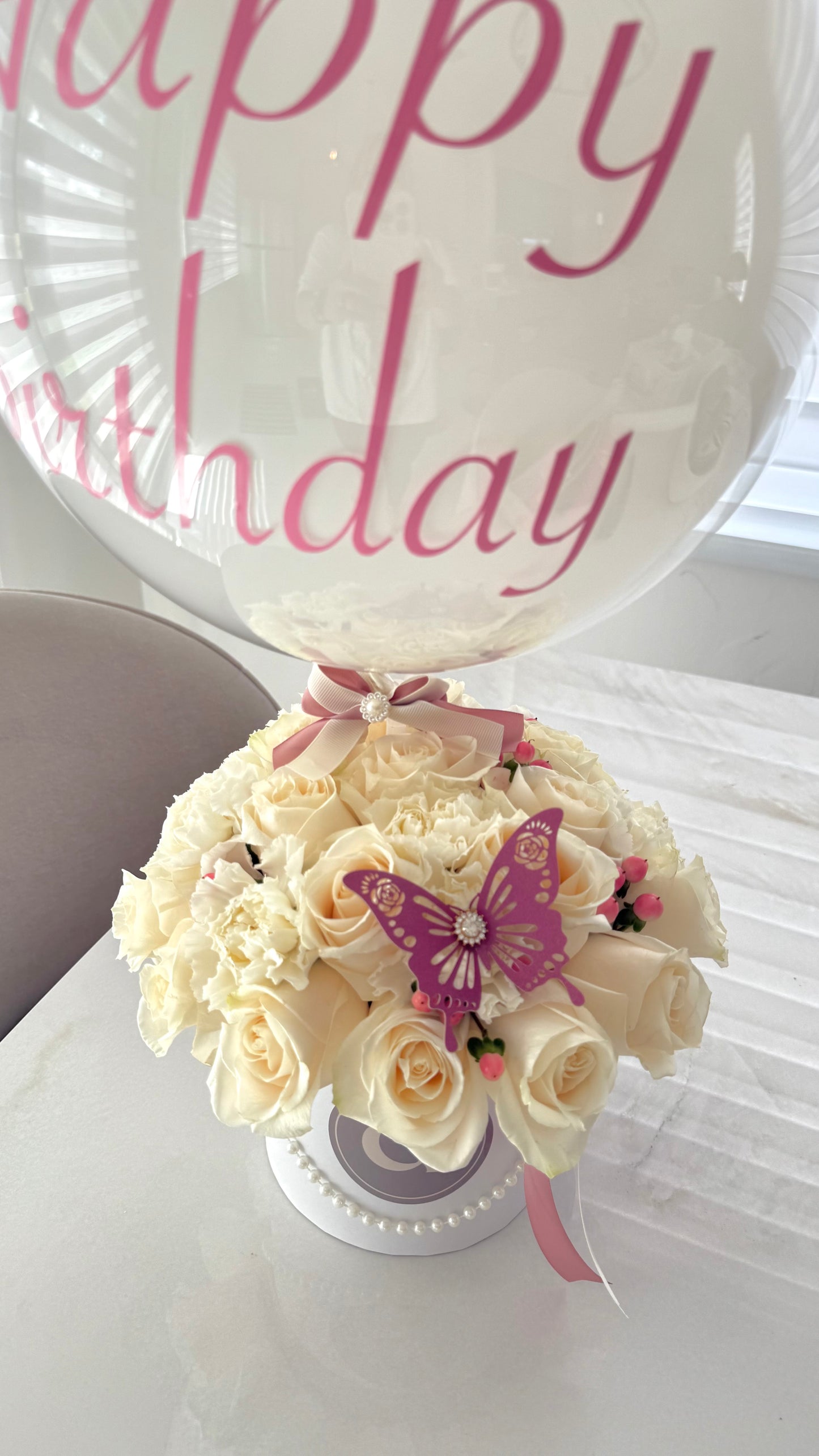 Pastel Bloom Birthday Surprise Luxury Rose Arrangement with Balloon
