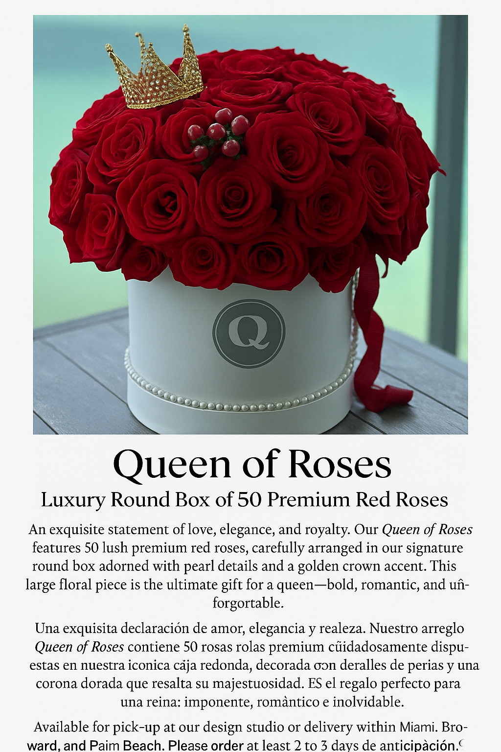 Queen of Roses Luxury Round Box of 50 Premium Red Roses